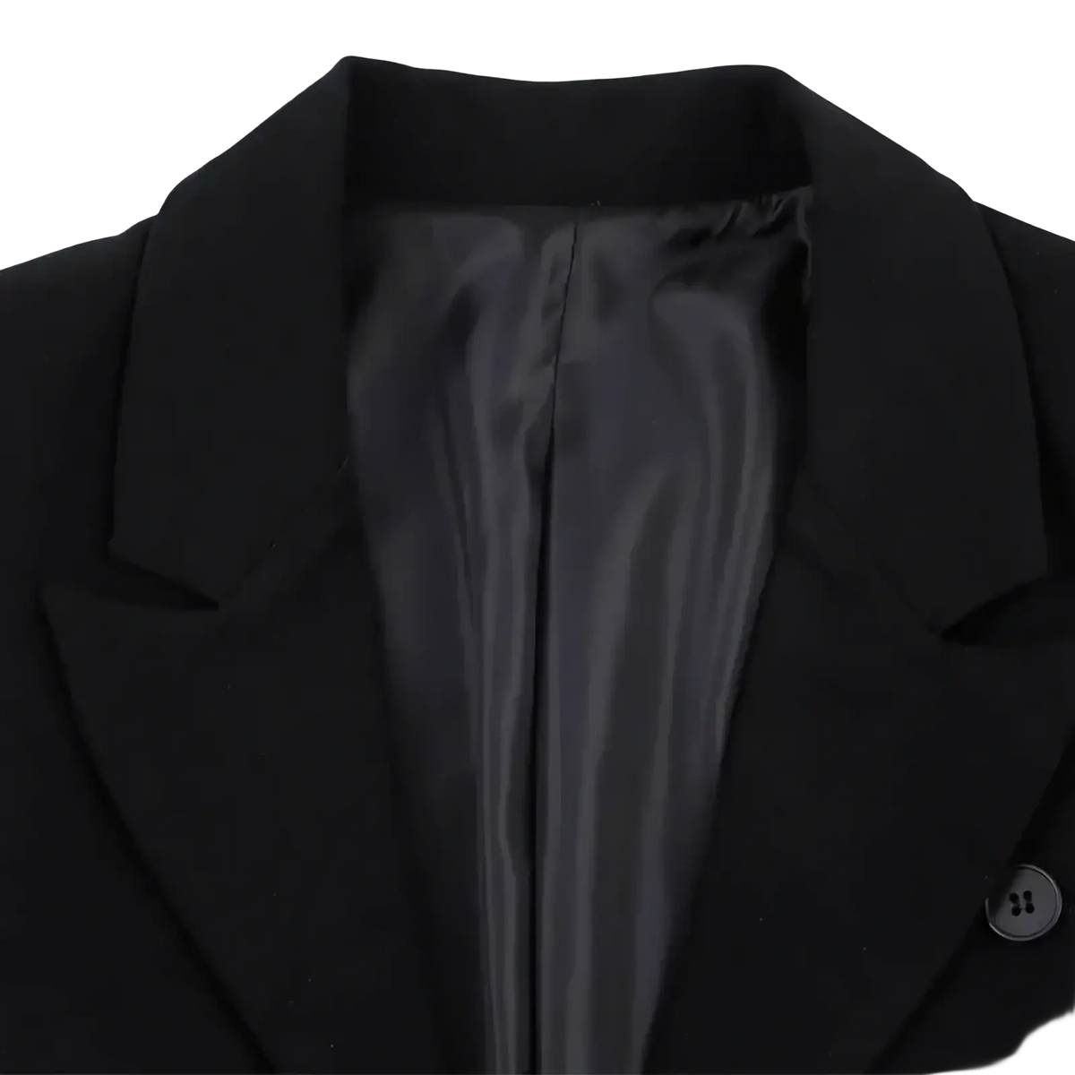 Black asymmetric long women blazer featuring a sleek structured collar and satin-lined interior in black