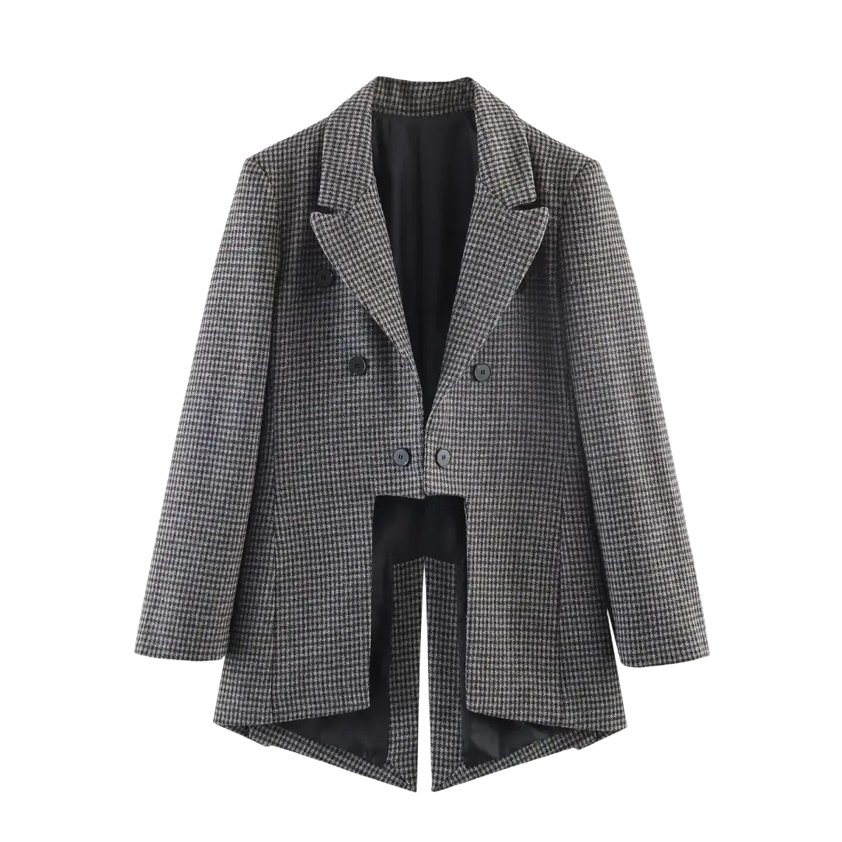 A stylish black asymmetric long women blazer in gray and black houndstooth wool with double-breasted front and notched lapels