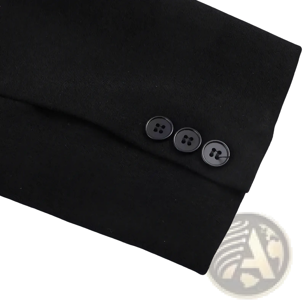 Black asymmetric long women blazer sleeve in suit fabric with three matching black buttons detail visible
