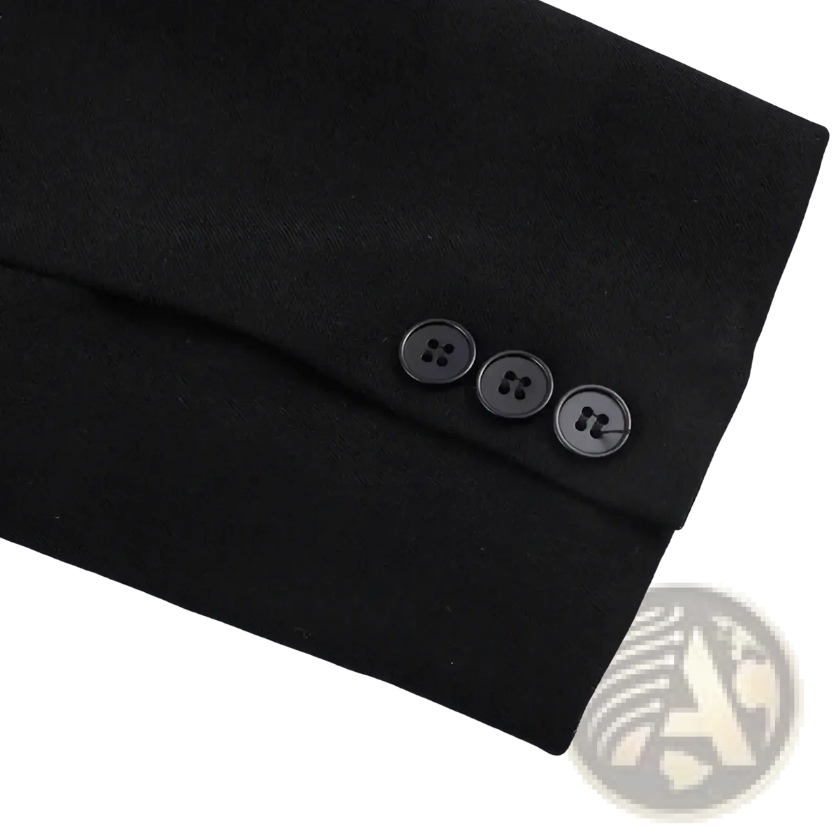 Black asymmetric long women blazer sleeve in suit fabric with three matching black buttons detail visible