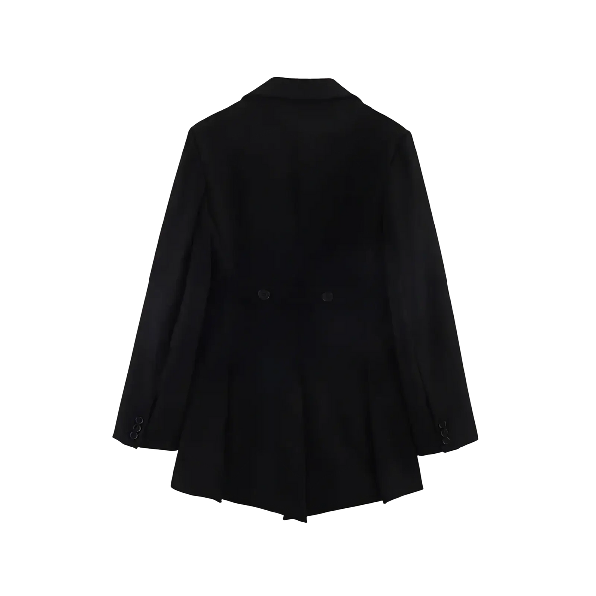 Black asymmetric long women blazer with tailored fit black fabric long sleeves and subtle button cuff details
