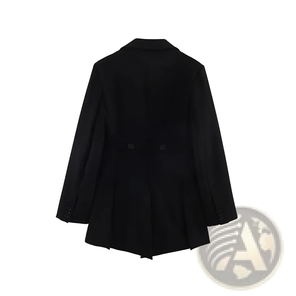 Black asymmetric long women blazer with tailored fit black fabric long sleeves and subtle button cuff details