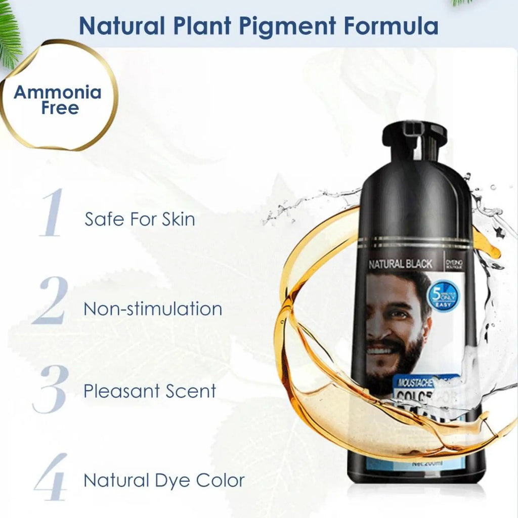Black bottle of natural black mustache dye with pump dispenser and label showing a mans face for permanent use