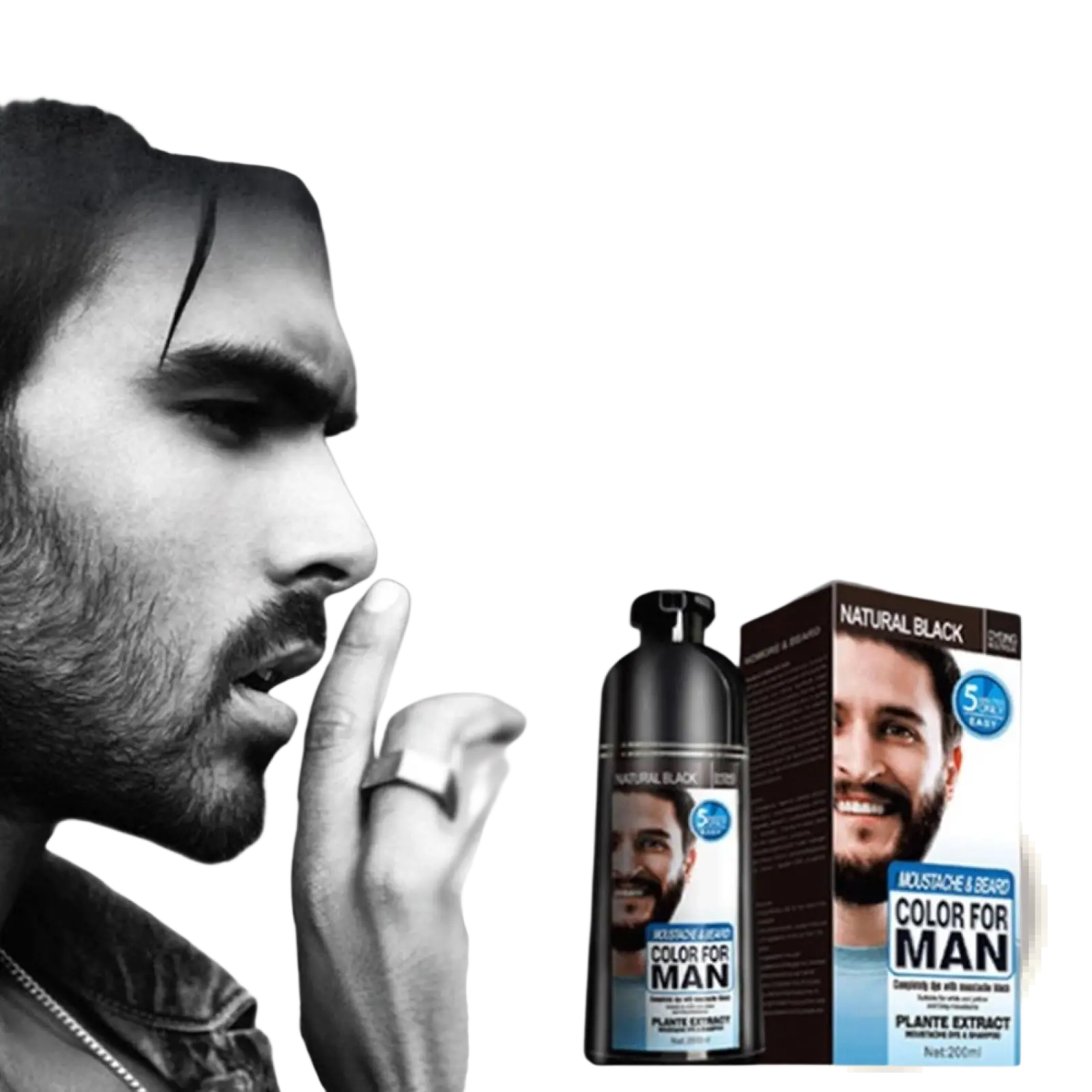 Black beard dye shampoo natural permanent hair color 200ml with plant extract ingredients and matching black box color for man