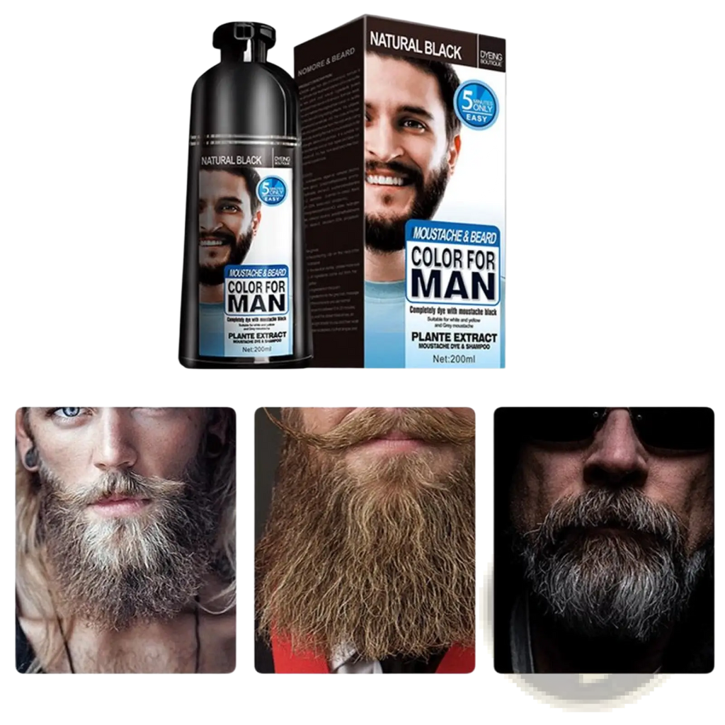 Black bottle of natural black men’s beard dye shampoo with plant extract formula for permanent hair color 200ml