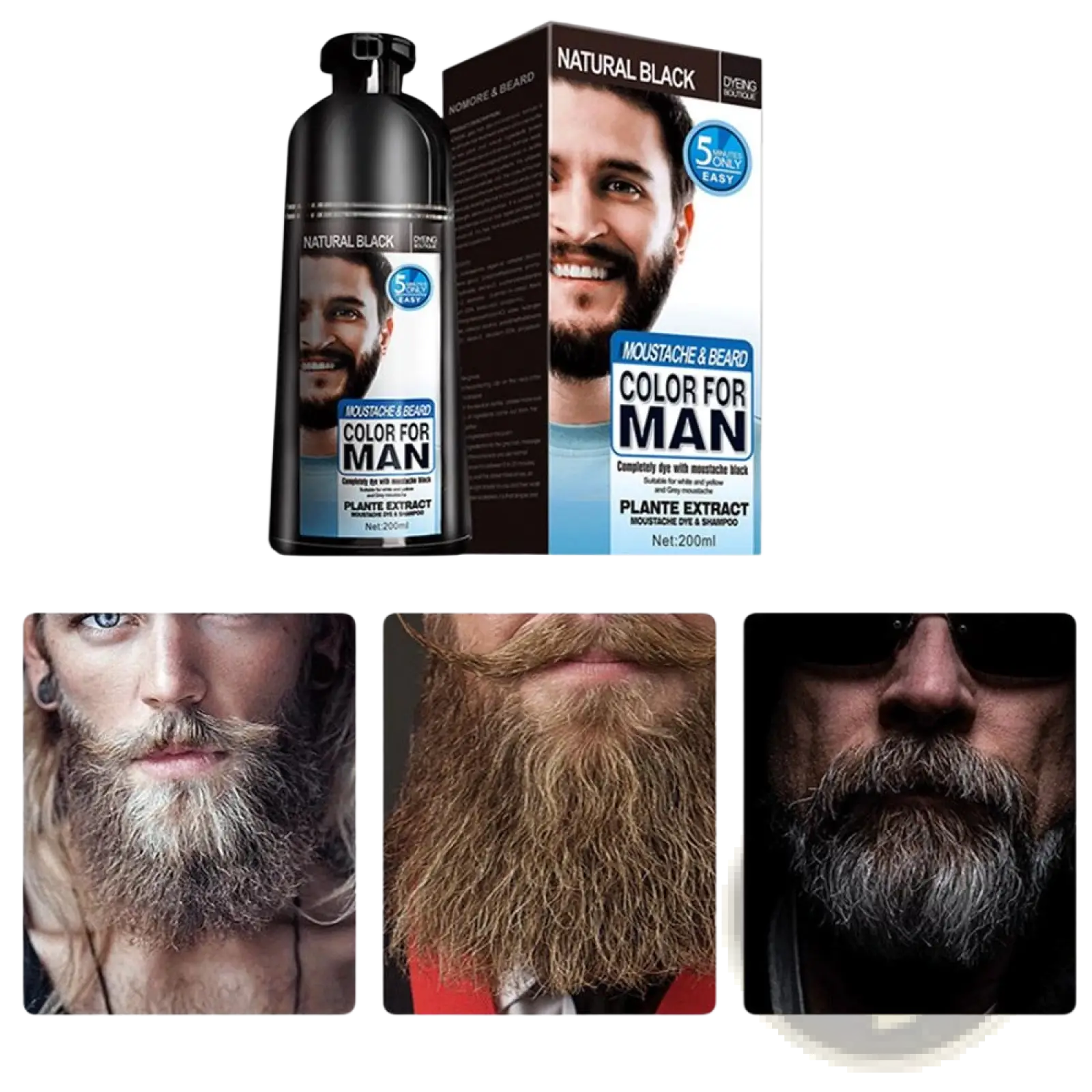 Black bottle of natural black men’s beard dye shampoo with plant extract formula for permanent hair color 200ml