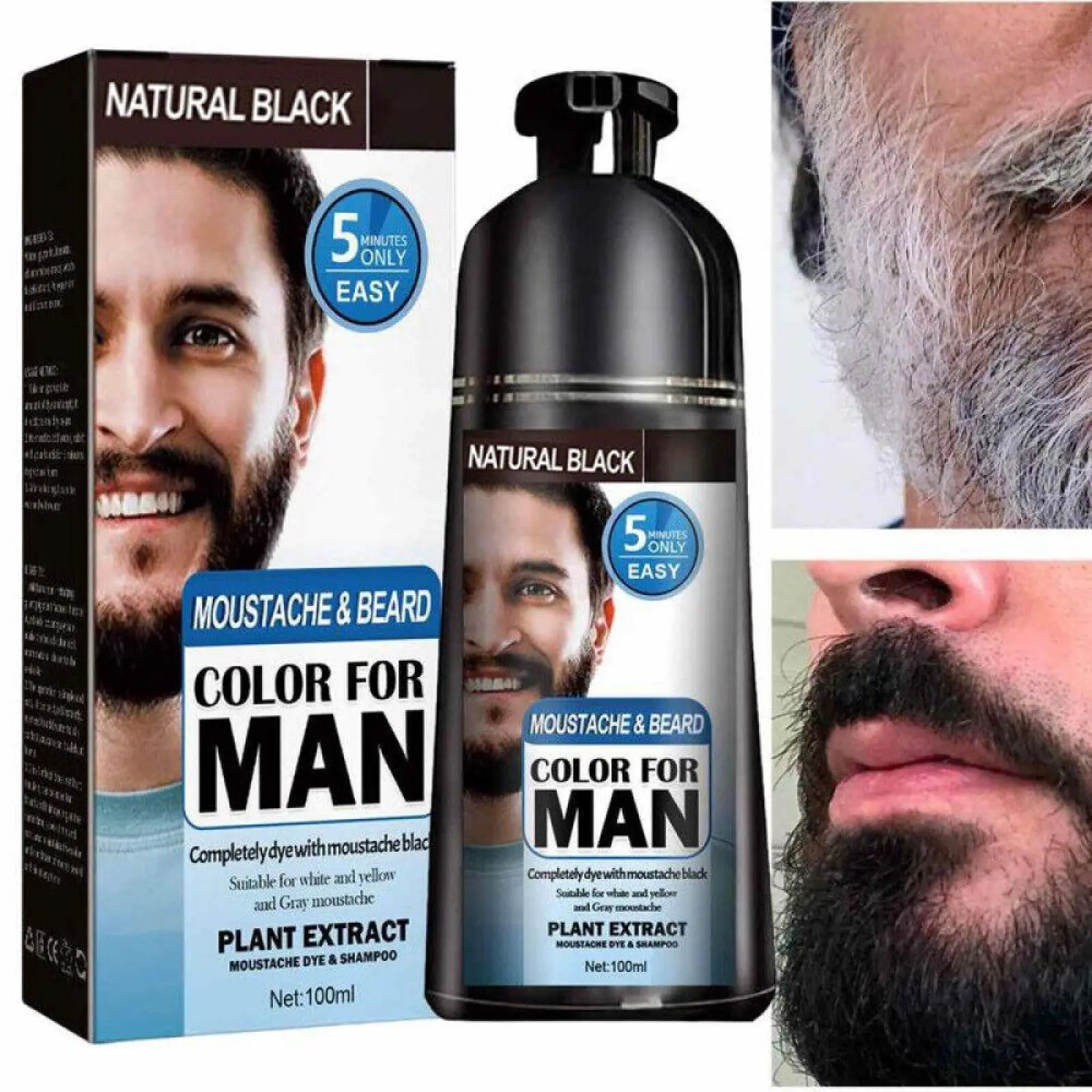 Black bottle of color for man natural black moustache and beard dye with plant extract formula 200ml shown from back side