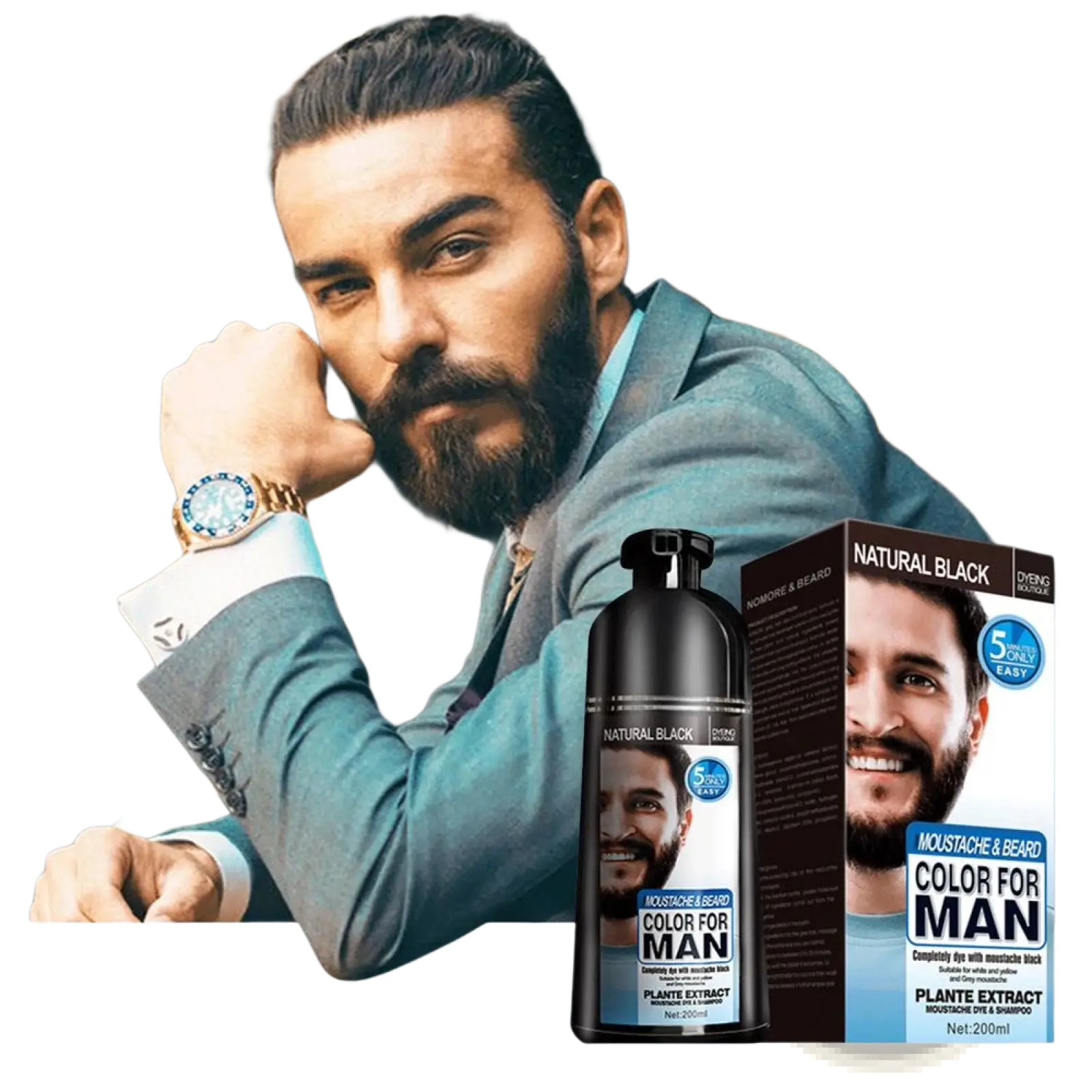Black beard dye shampoo natural permanent hair color 200ml black bottle with silver label showing product details