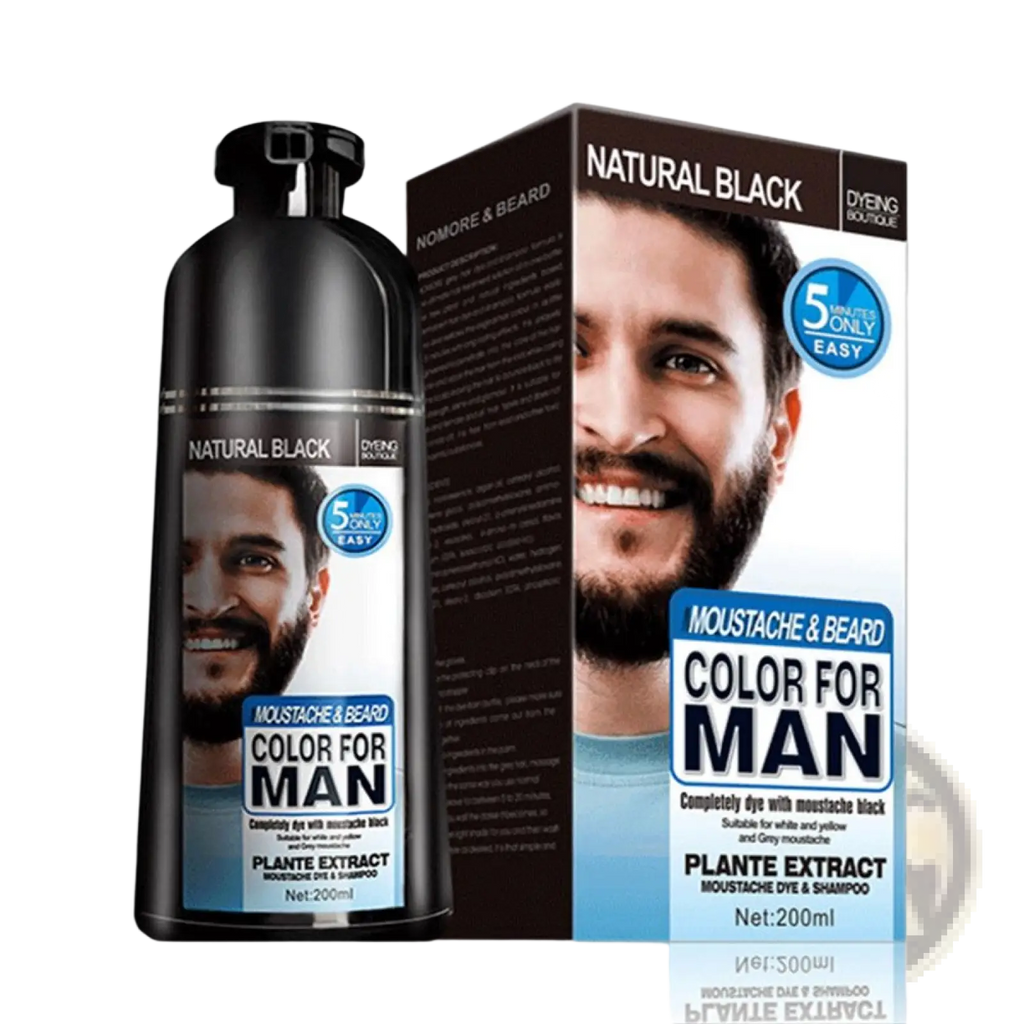 Black plastic bottle of nomore & beard natural black moustache and beard dye with blue label and smiling man image