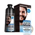 Black plastic bottle of nomore & beard natural black moustache and beard dye with blue label and smiling man image
