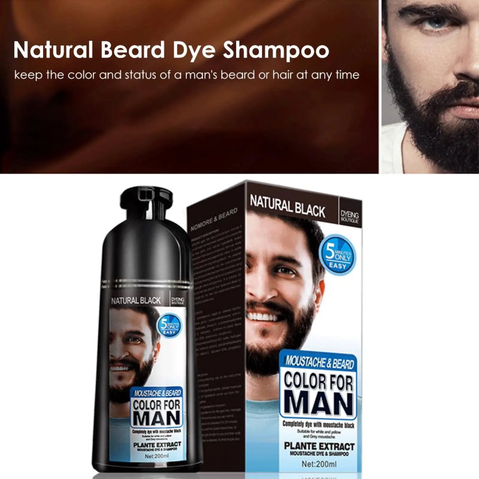 Black beard dye shampoo natural permanent hair color 200ml in black bottle with label and matching natural black box for men