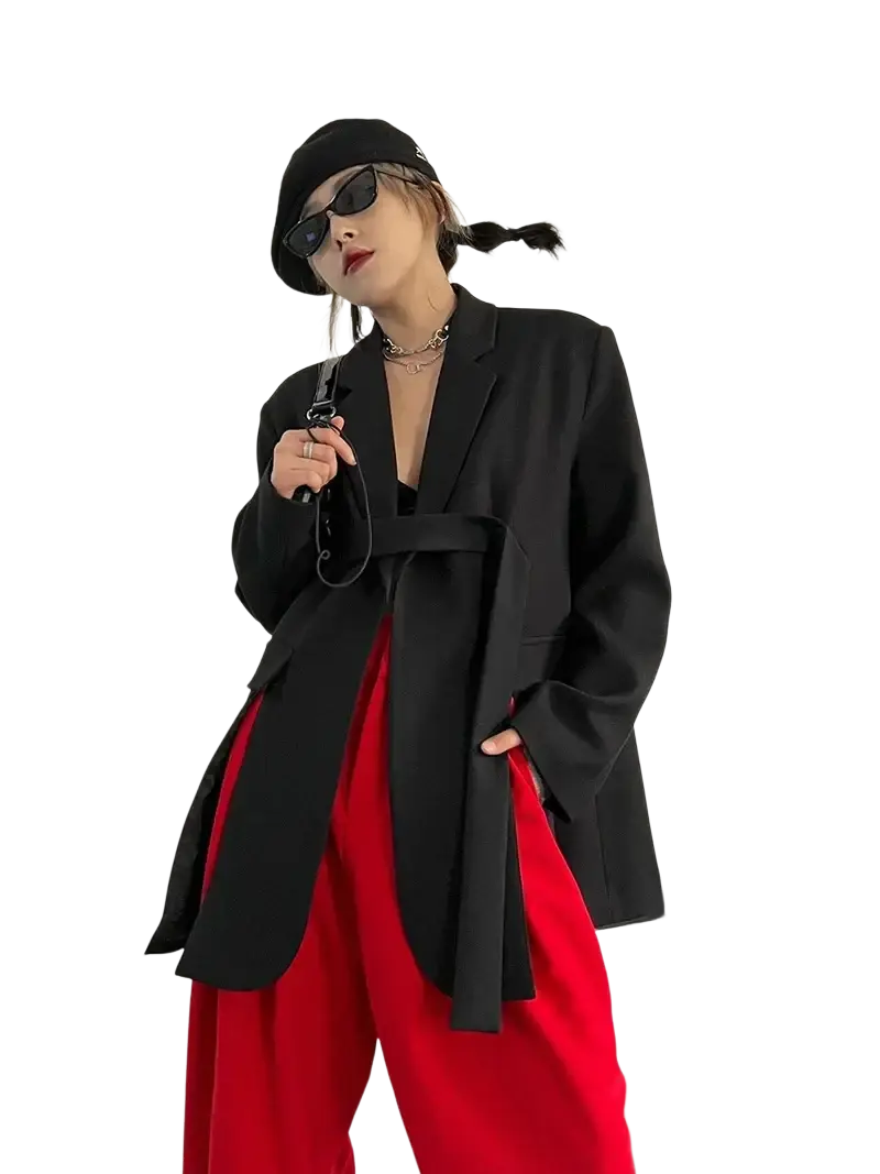 Black oversized blazer with a tied waistband made of soft fabric for a stylish and comfortable fit