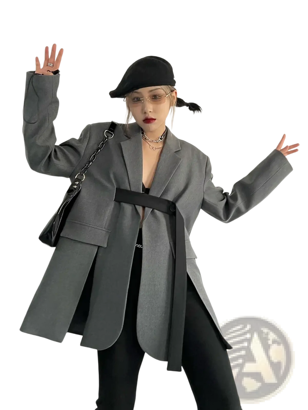Gray oversized blazer with black belted waist and chain strap bag shown from the front