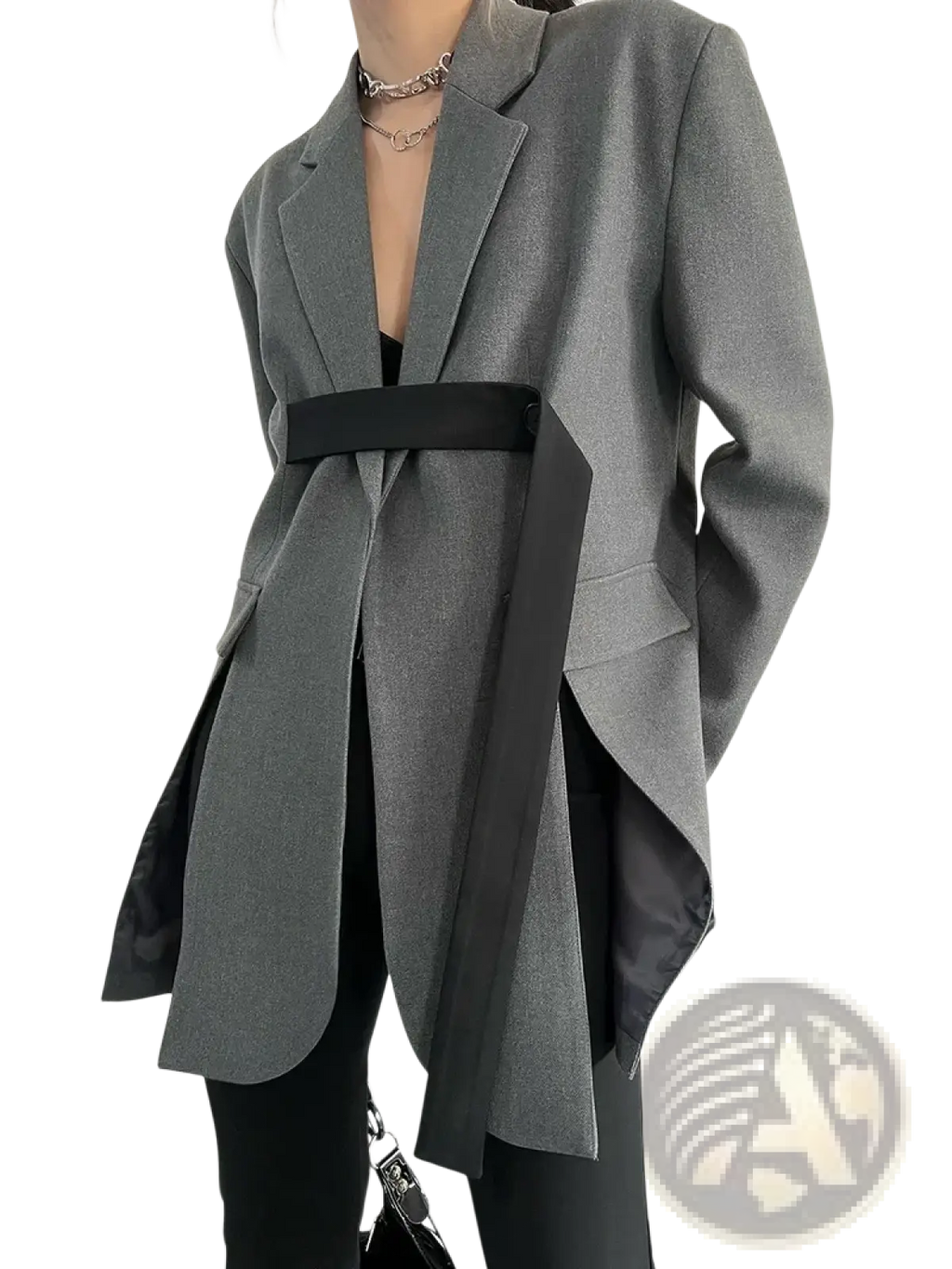 Gray oversized blazer with black belt and asymmetrical hem showcasing a modern tailored design