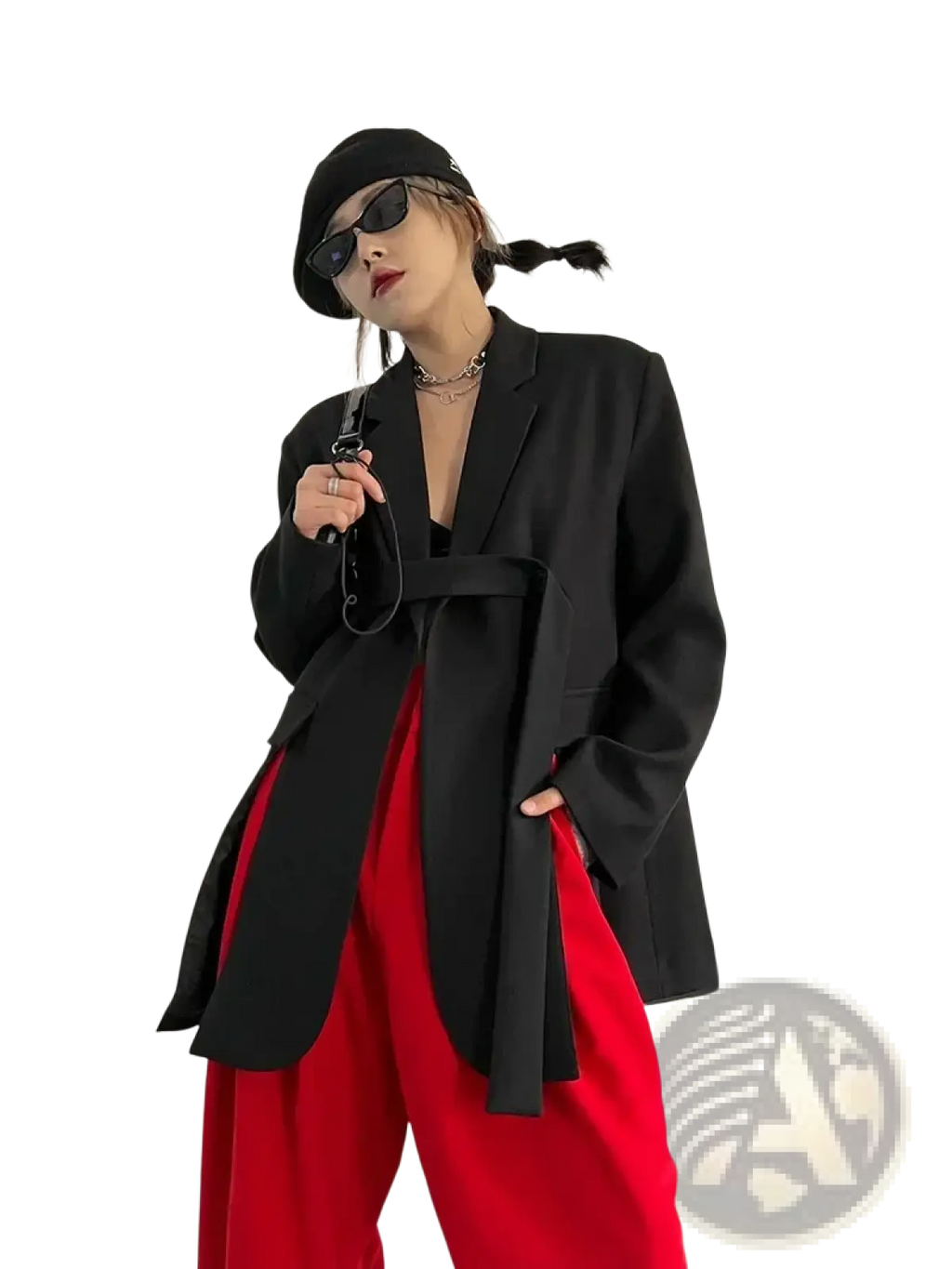 Black oversized blazer with a tied waistband made of soft fabric for a stylish and comfortable fit