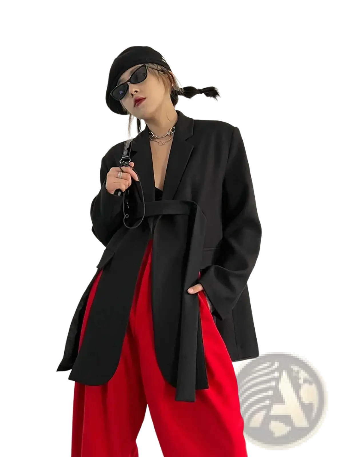 Black oversized blazer with a tied waistband made of soft fabric for a stylish and comfortable fit