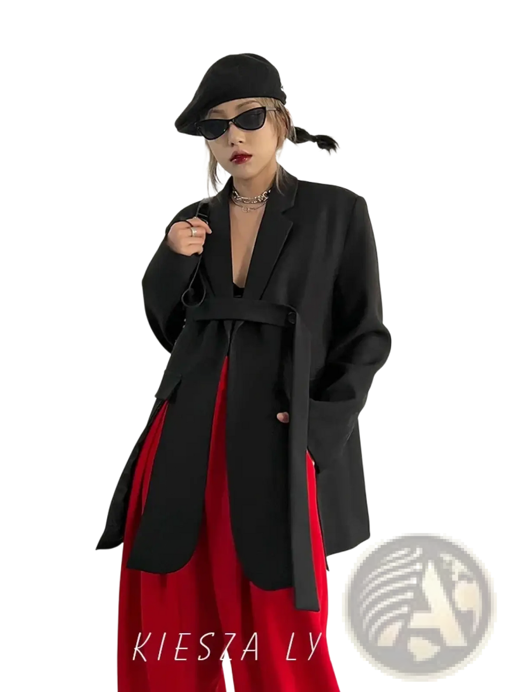 Black belted oversized blazer with structured shoulders in a classic black fabric for a tailored look