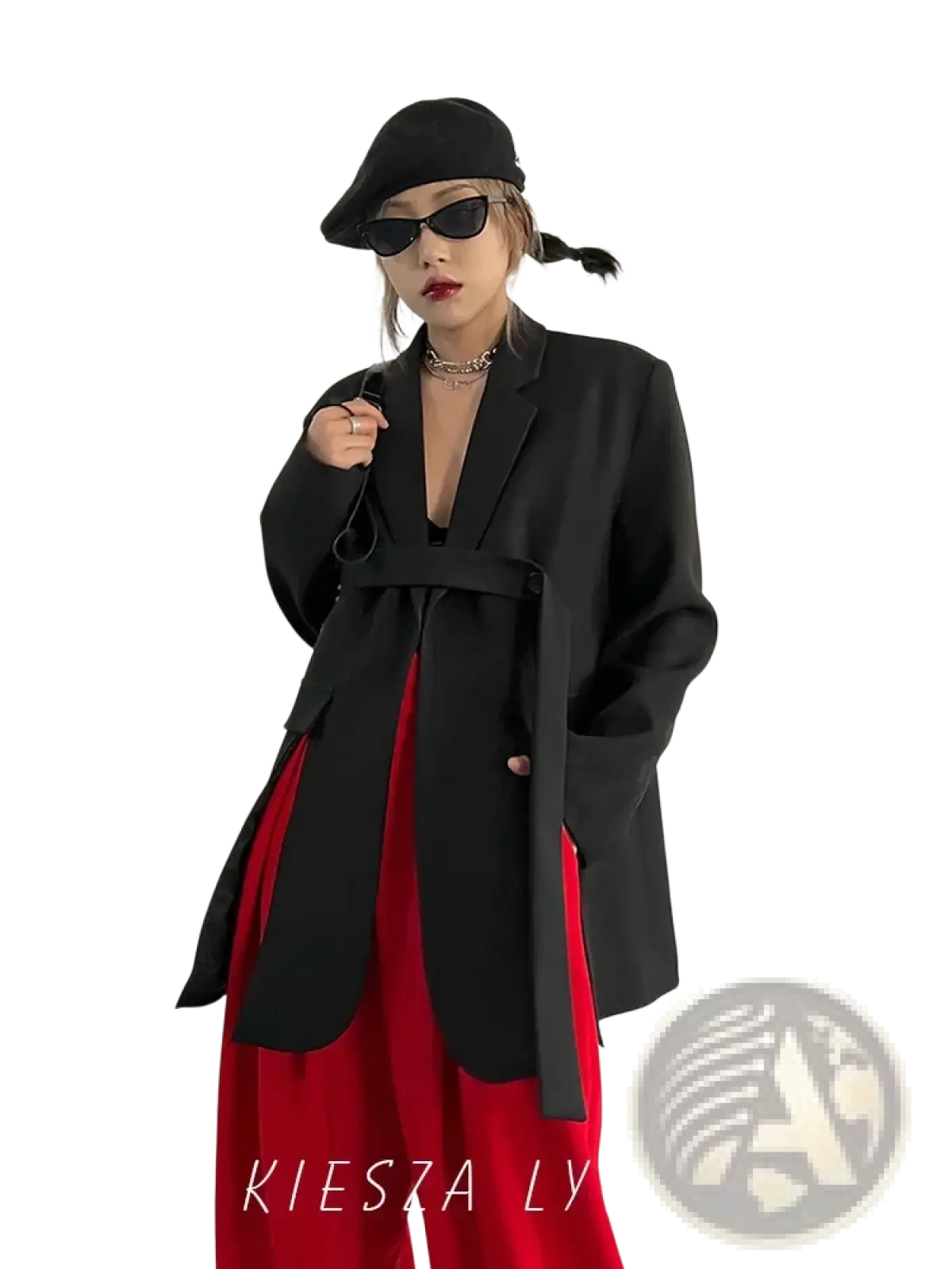 Black belted oversized blazer with structured shoulders in a classic black fabric for a tailored look