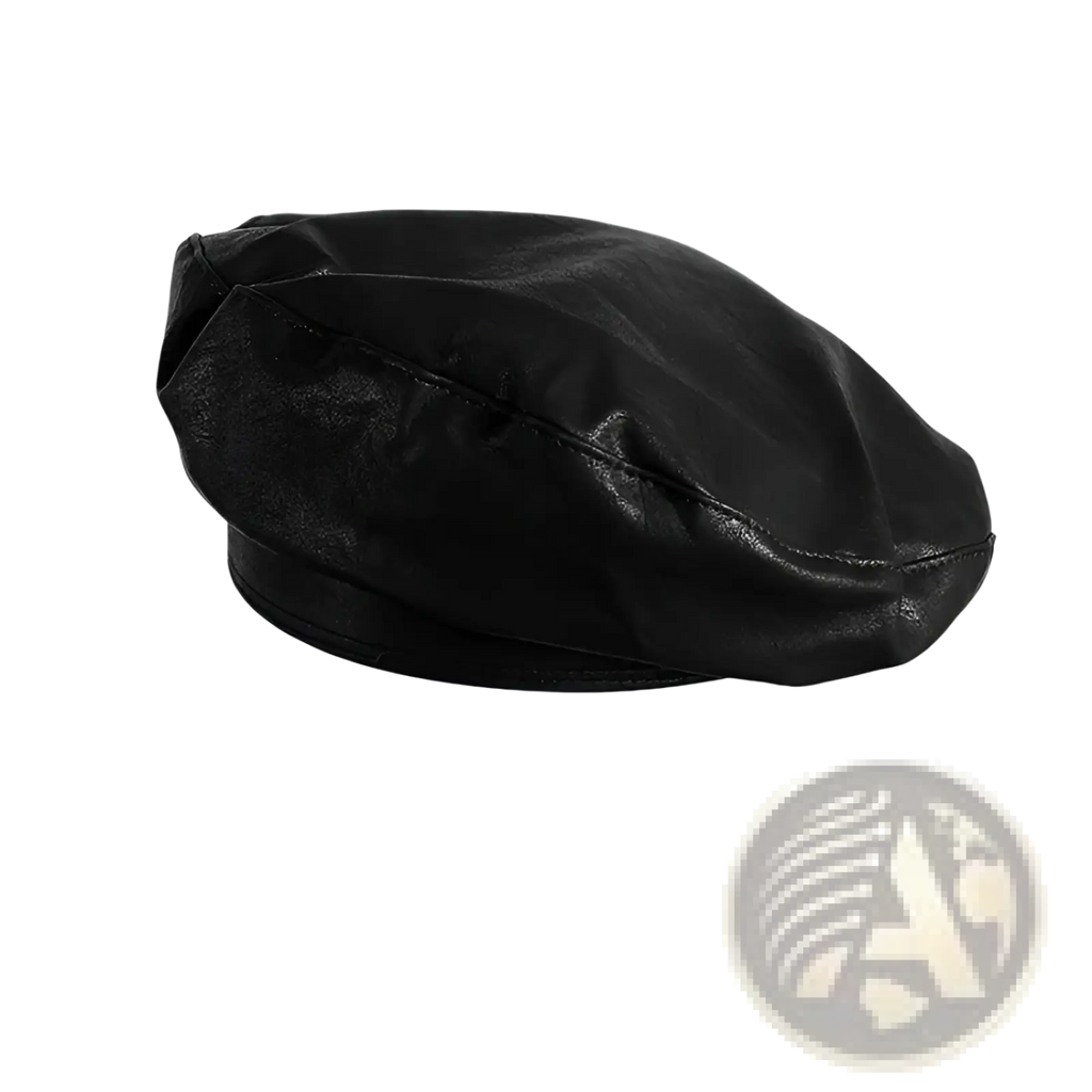 Black leather beret with smooth glossy finish and visible stitching for women in a wool painter cap style