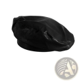 Black leather beret with smooth glossy finish and visible stitching for women in a wool painter cap style
