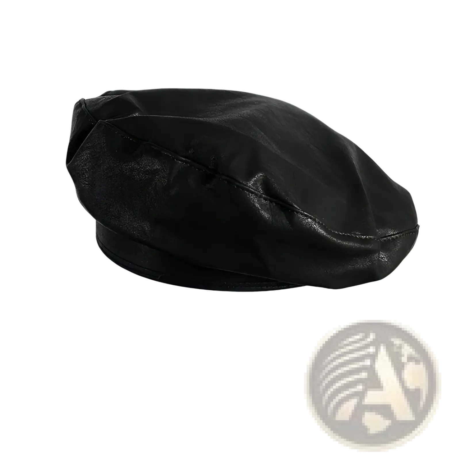 Black leather beret with smooth glossy finish and visible stitching for women in a wool painter cap style