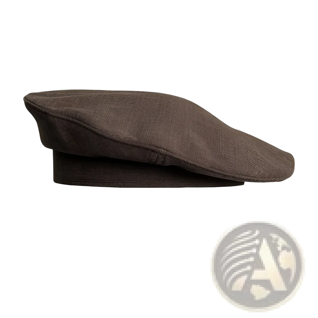 Brown linen flat cap with structured slightly curved brim and subtle stitching details in black beret wool painter cap for women