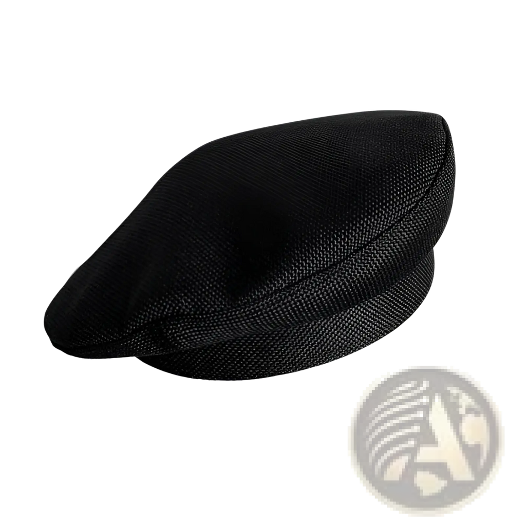 Black beret wool painter cap for women with textured fabric flat cap and structured slightly curved brim with visible stitching