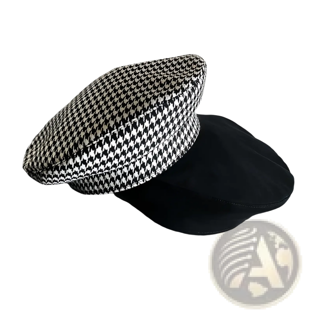 Black beret wool painter cap for women with a structured rounded crown in black and white houndstooth pattern