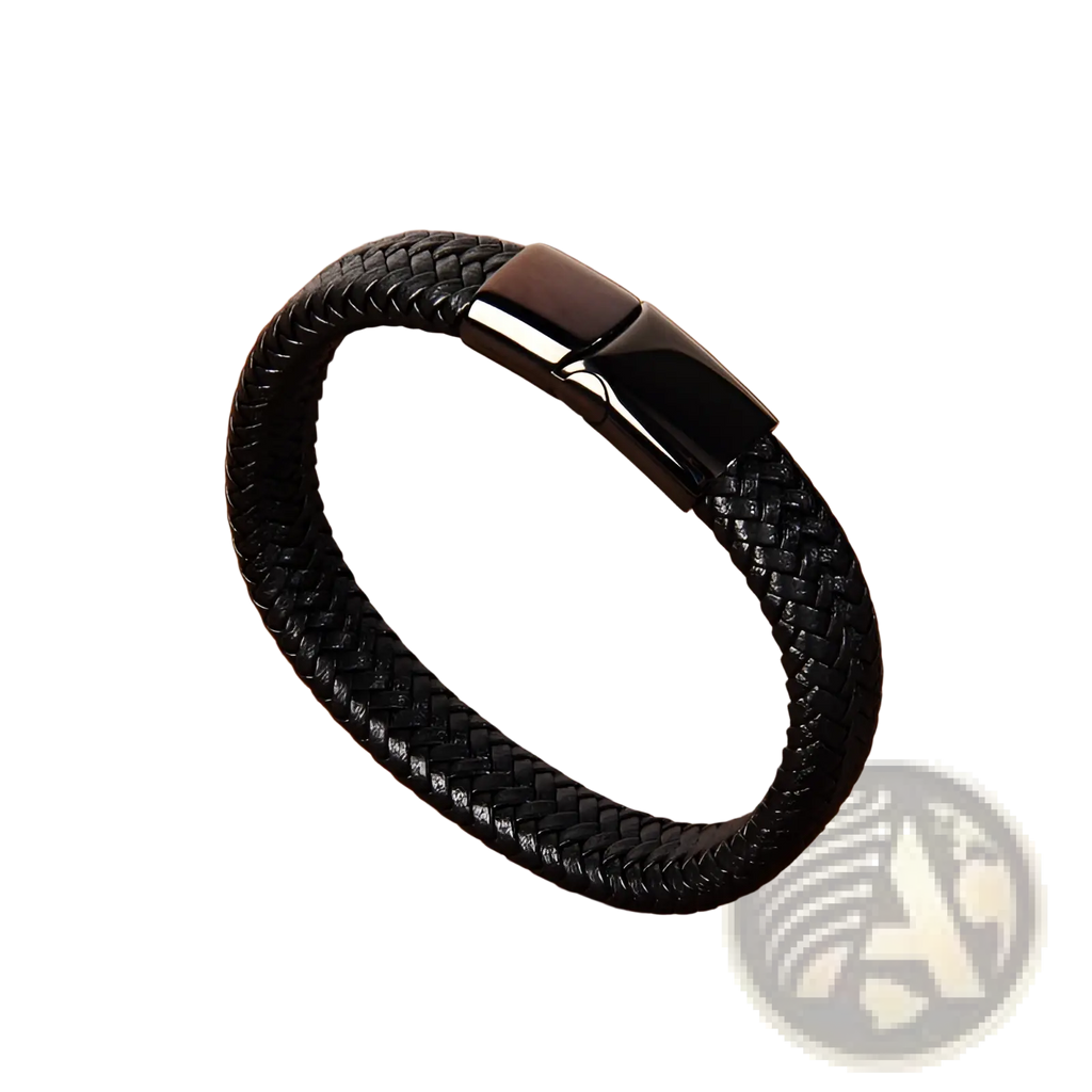 Black braided leather bracelet with sleek black magnetic clasp showcasing elegant and durable design