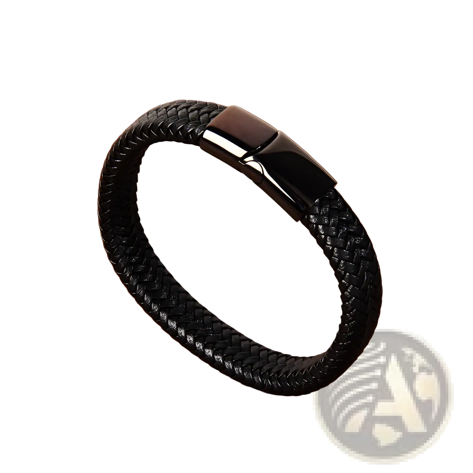 Black braided leather bracelet with sleek black magnetic clasp showcasing elegant and durable design