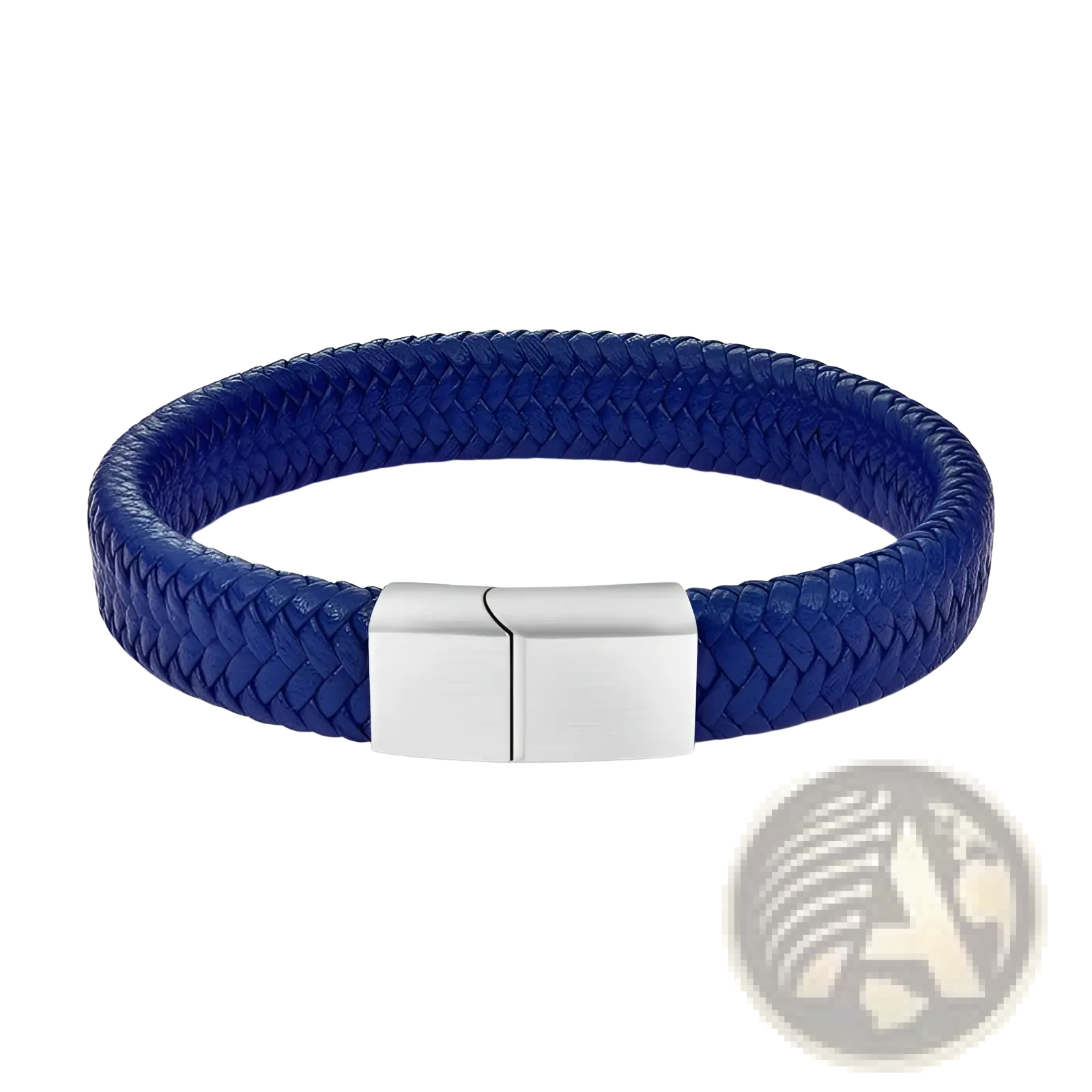 A vibrant royal blue braided leather bracelet with a sleek silver-toned magnetic clasp for secure wear