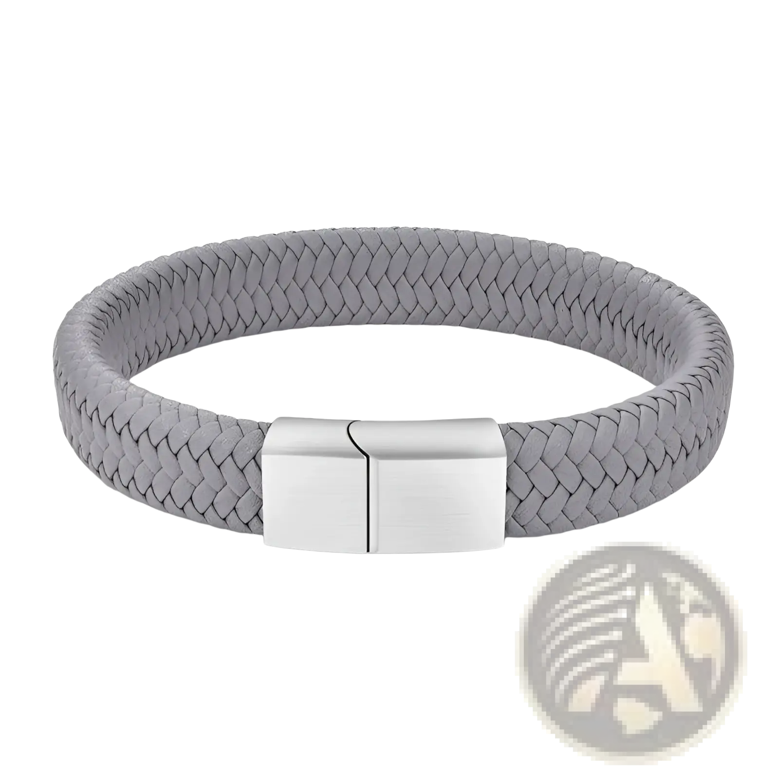 Black braided leather bracelet with gray braided detail and sleek silver magnetic clasp for secure wear