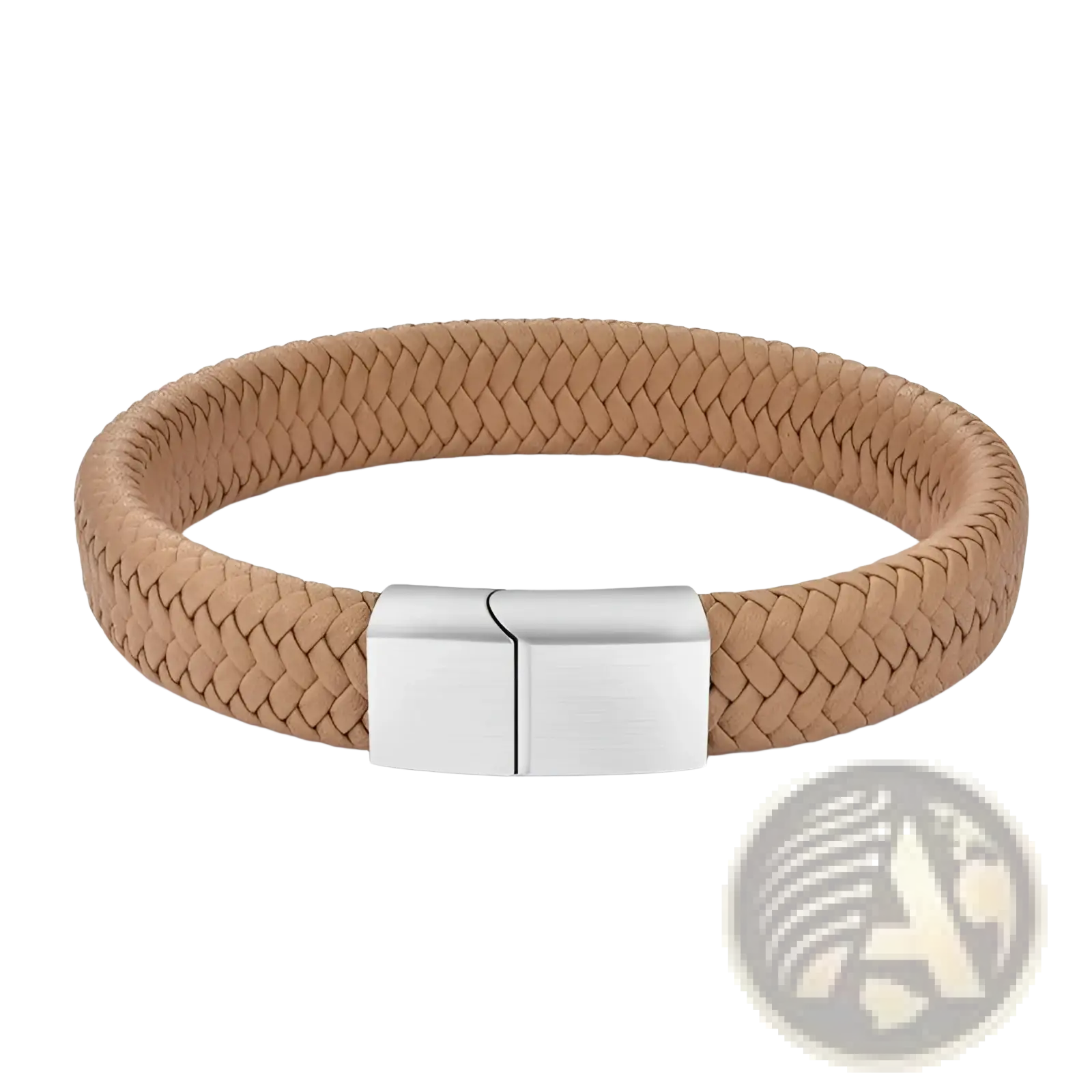 Tan braided leather bracelet with sleek silver magnetic clasp contrasting the black braided leather bracelet title