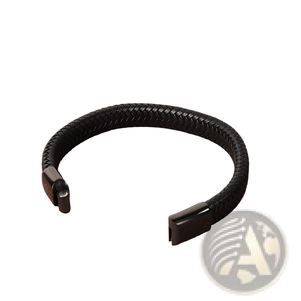Black braided leather bracelet with a sleek magnetic clasp for secure and stylish wear