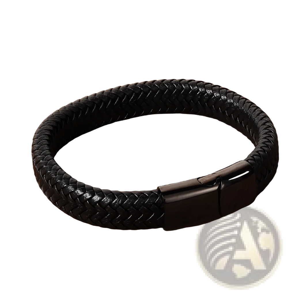 Black braided leather bracelet with a sleek black magnetic clasp showcasing durable craftsmanship