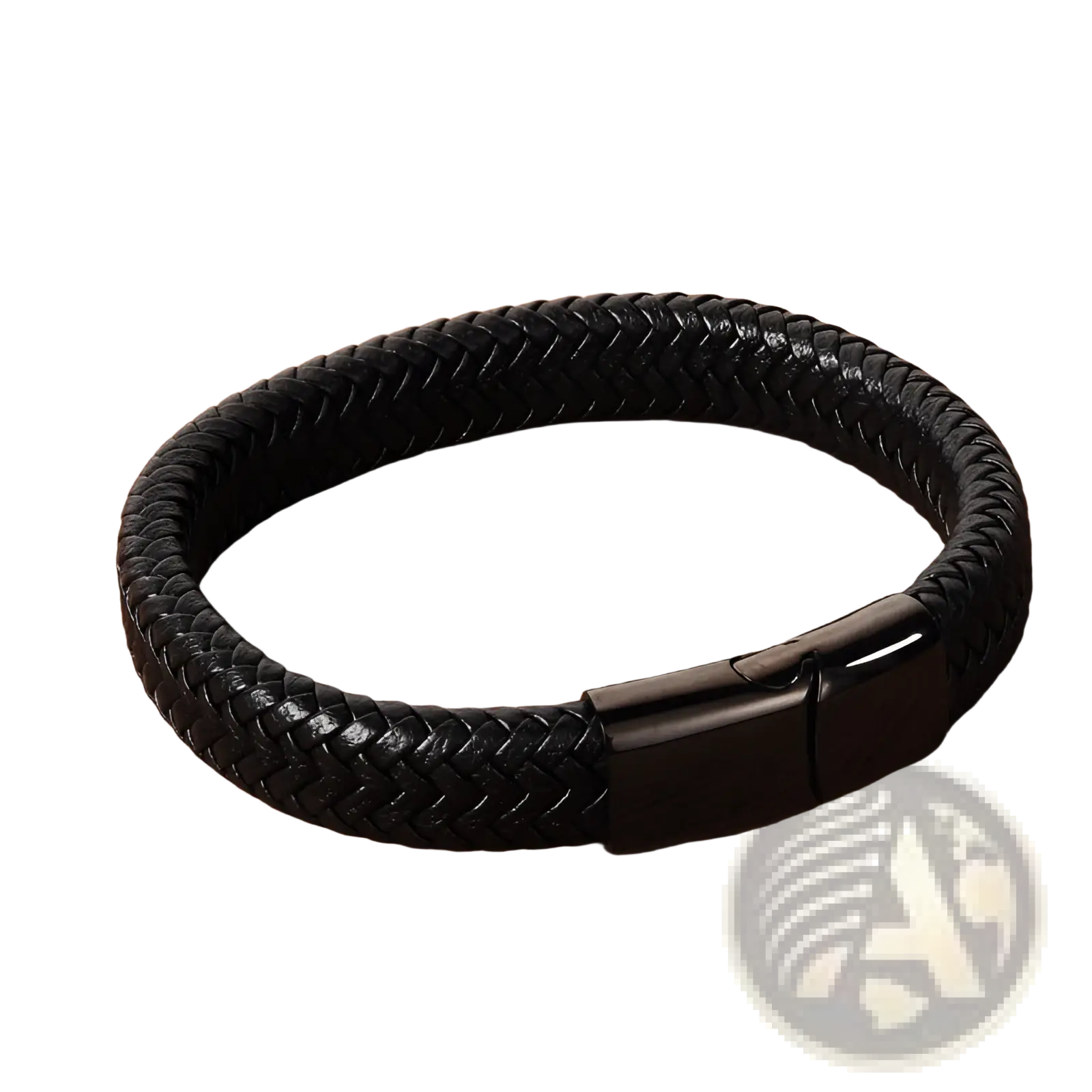 Black braided leather bracelet with a sleek black magnetic clasp showcasing durable craftsmanship