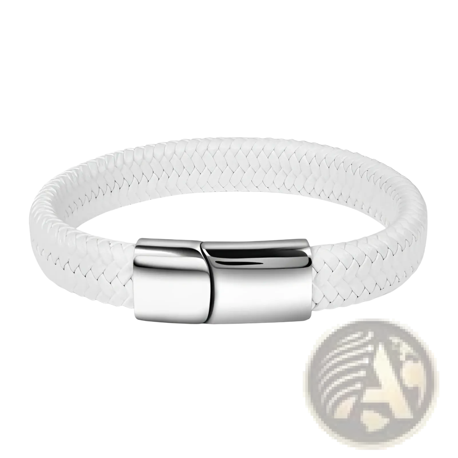 White braided leather bracelet with sleek silver magnetic clasp shown with back side view