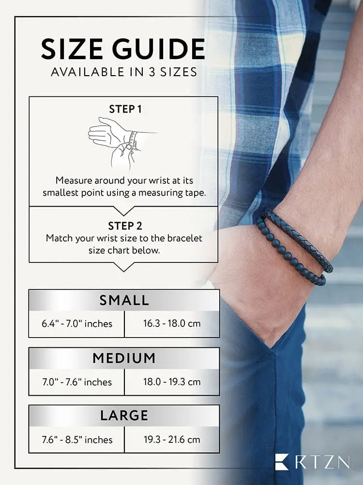 Dark blue braided leather bracelet with steel clasp worn on a wrist from black onyx and braided leather collection