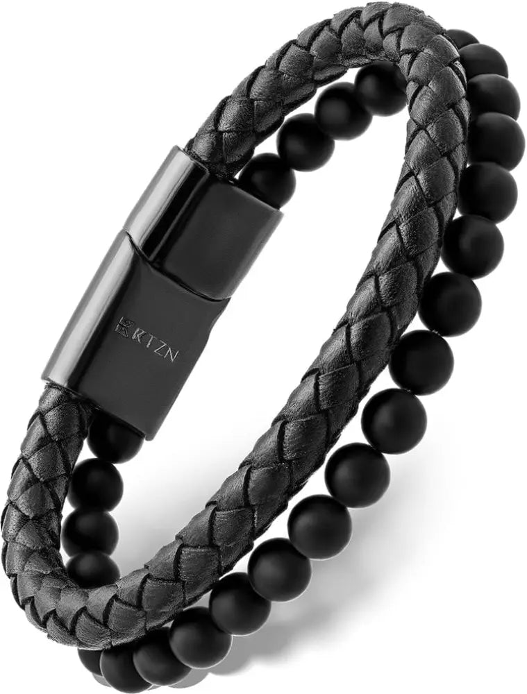 Black onyx and braided leather bracelet featuring black leather, beads, and a sleek steel magnetic clasp