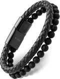 Black onyx and braided leather bracelet featuring black leather, beads, and a sleek steel magnetic clasp