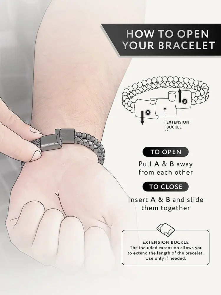 Black onyx and gray braided leather bracelet with sleek magnetic steel clasp and adjustable extension buckle