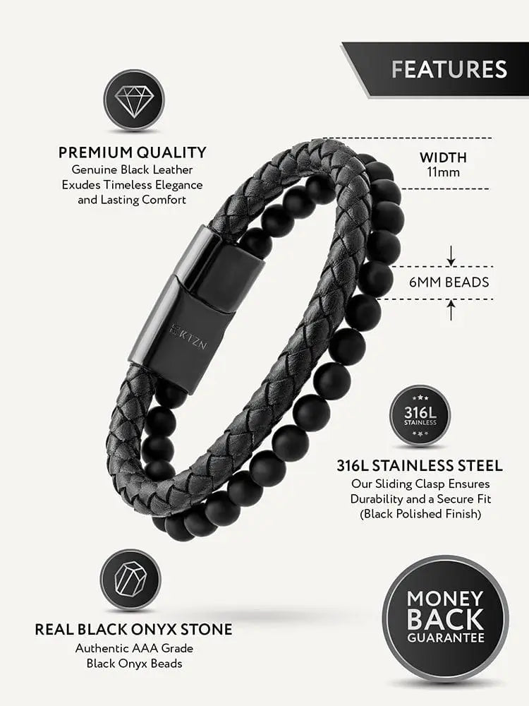 Black onyx and braided leather bracelet featuring 6mm black onyx beads and a 316l stainless steel clasp