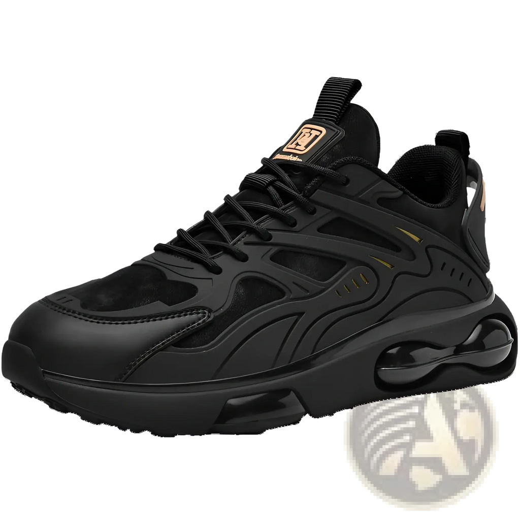Black breathable mesh sneakers with chunky glossy rubber sole and subtle gold accent details on side panels