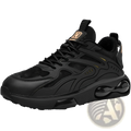 Black breathable mesh sneakers with chunky glossy rubber sole and subtle gold accent details on side panels