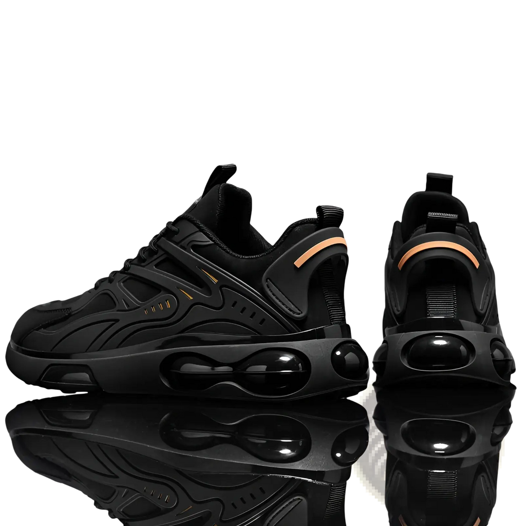 Black breathable mesh sneakers with gold accents and black air cushioning featuring sleek orange stripes