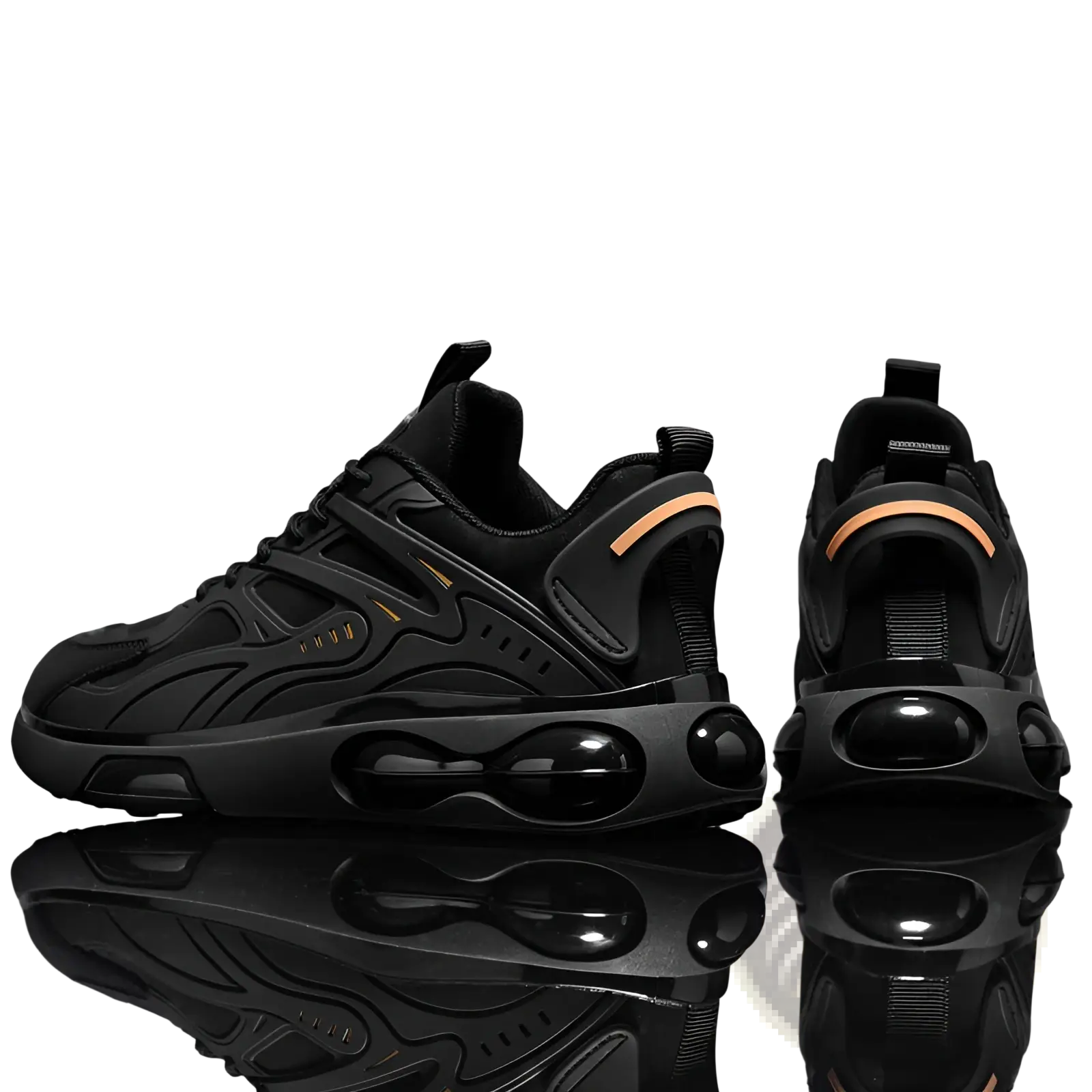 Black breathable mesh sneakers with gold accents and black air cushioning featuring sleek orange stripes