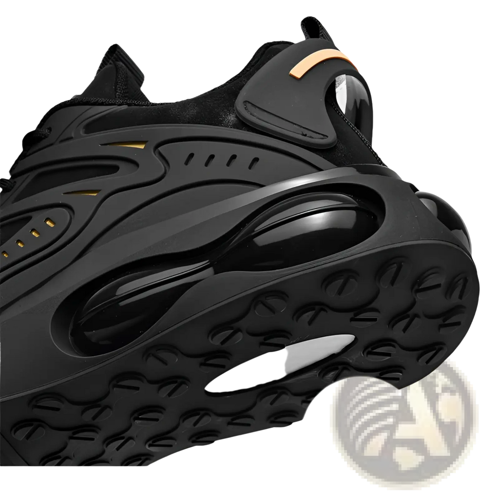 Black breathable mesh sneaker with glossy sculpted midsole and gold accent detailing for athletic use