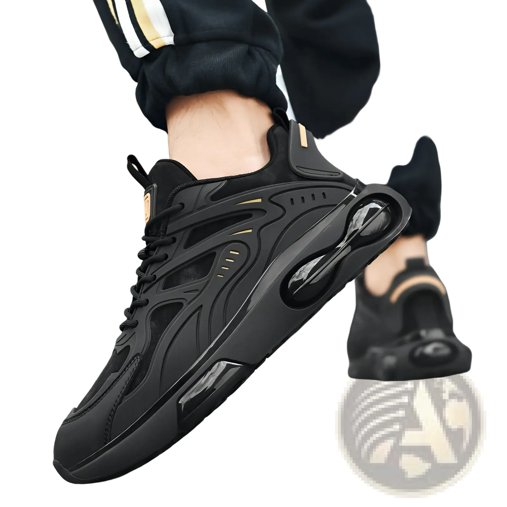 Black breathable mesh sneakers with gold accents featuring a sleek design and air-cushioned sole for athletic use