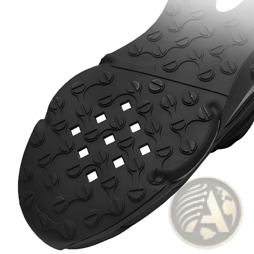 Black breathable mesh sneakers with gold accents showing black rubber sole with textured circular and square patterns