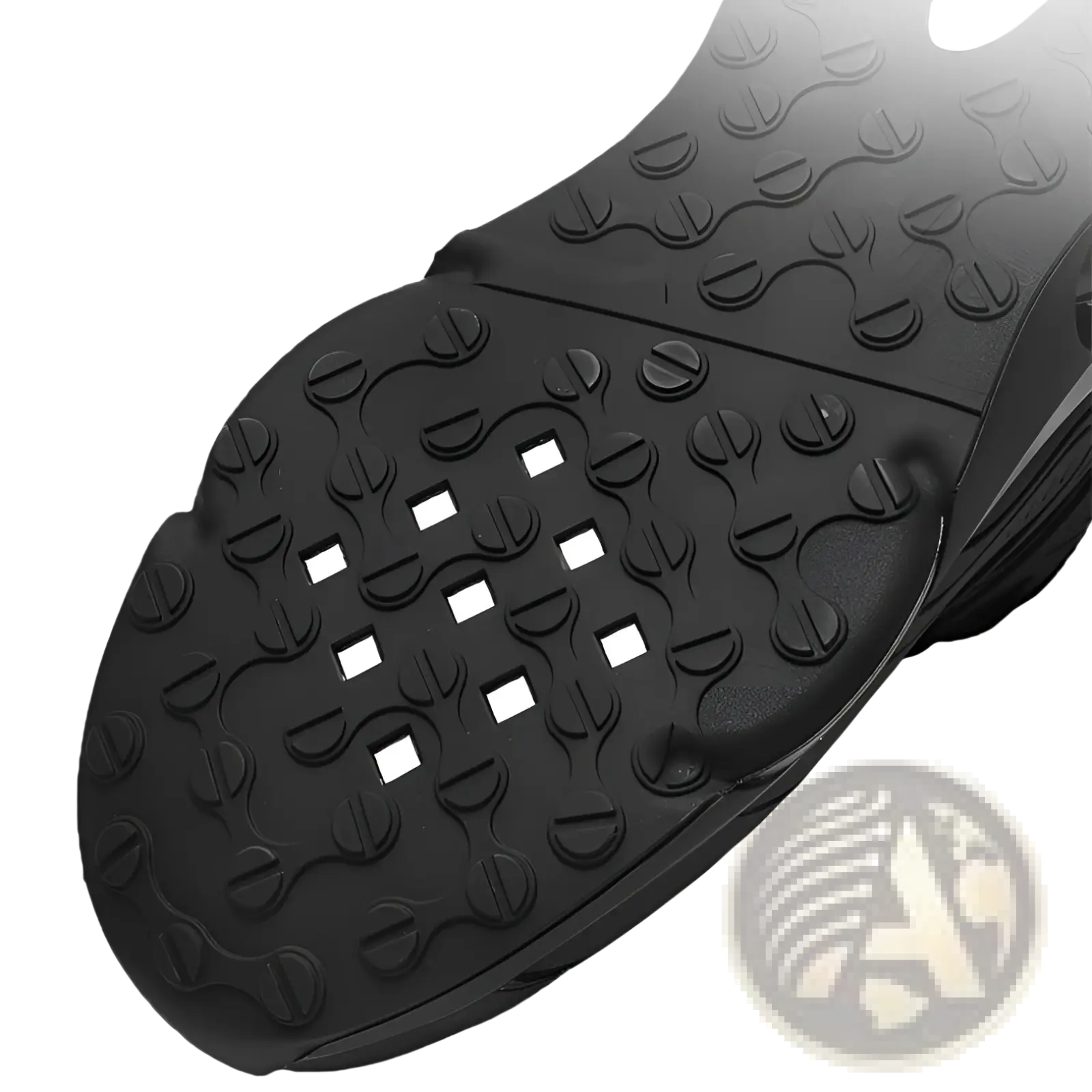 Black breathable mesh sneakers with gold accents showing black rubber sole with textured circular and square patterns